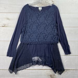 Cupio Top Womens L Blue Fairy Peasant Lace Trim Tunic Embroidered Boho Stretch